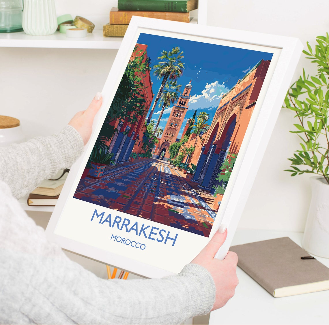 Marrakesh Morocco Tiled Alleyway Blue Tiles White Border Travel Poster - Image 3