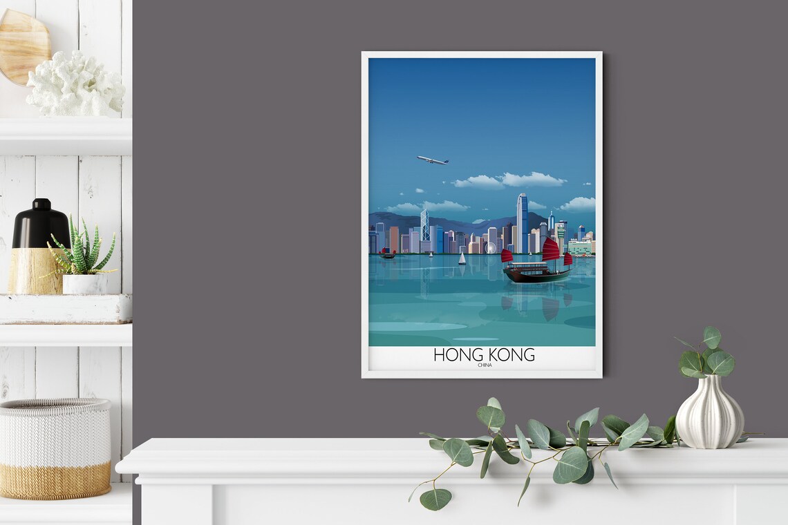 Hong Kong China Harbor Travel Poster of Junk Boat and Skyline - Image 2