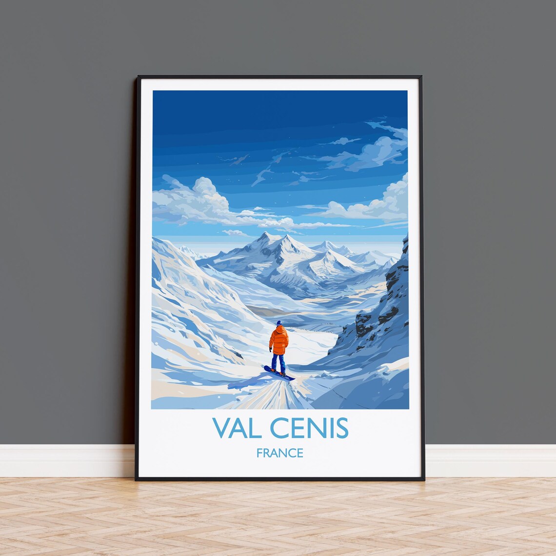 Val Cenis France Snowboarder Alpine Peak Retro Travel Poster