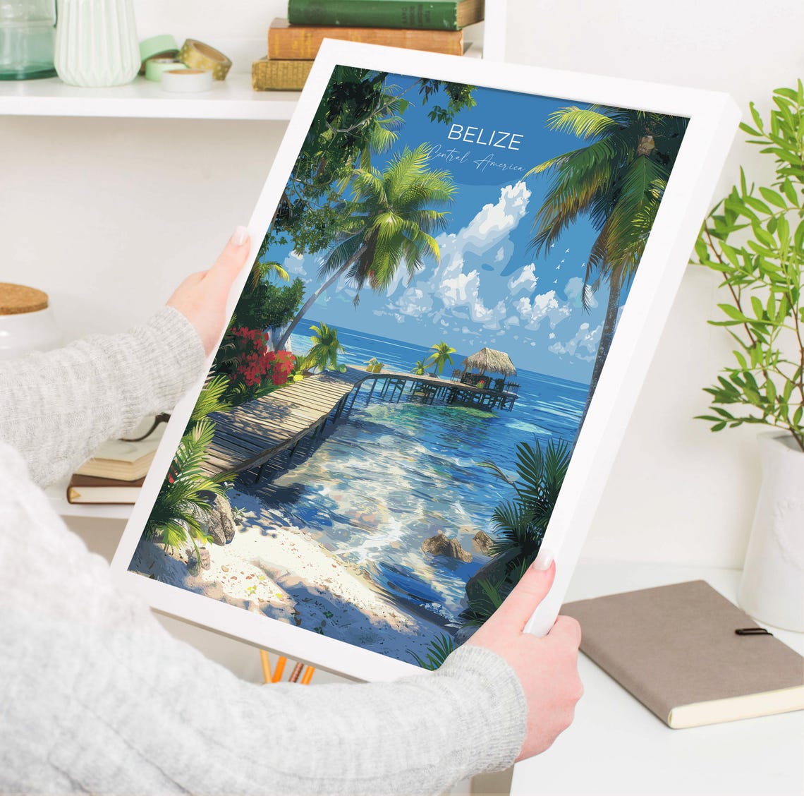 Belize Tropical Beach Pier Palapa Hut Over Clear Water Travel Poster - Image 3