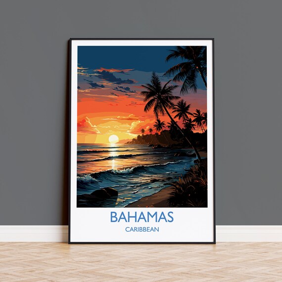 Bahamas Caribbean Sunset Beach Palms Silhouette Ocean Poster