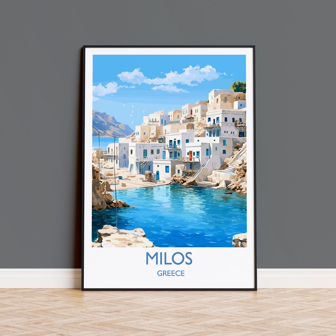 Milos Greece Whitewashed Seaside Village Blue Bay Travel Poster