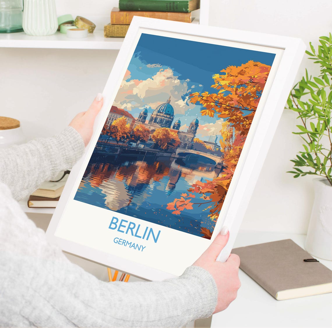 Berlin Cathedral Autumn River Reflection Travel Poster Bordered - Image 3