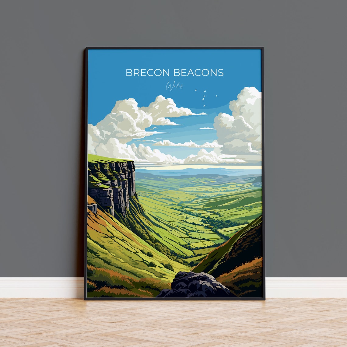 Brecon Beacons Wales Green Valley Cliffs Landscape Travel Poster Decor