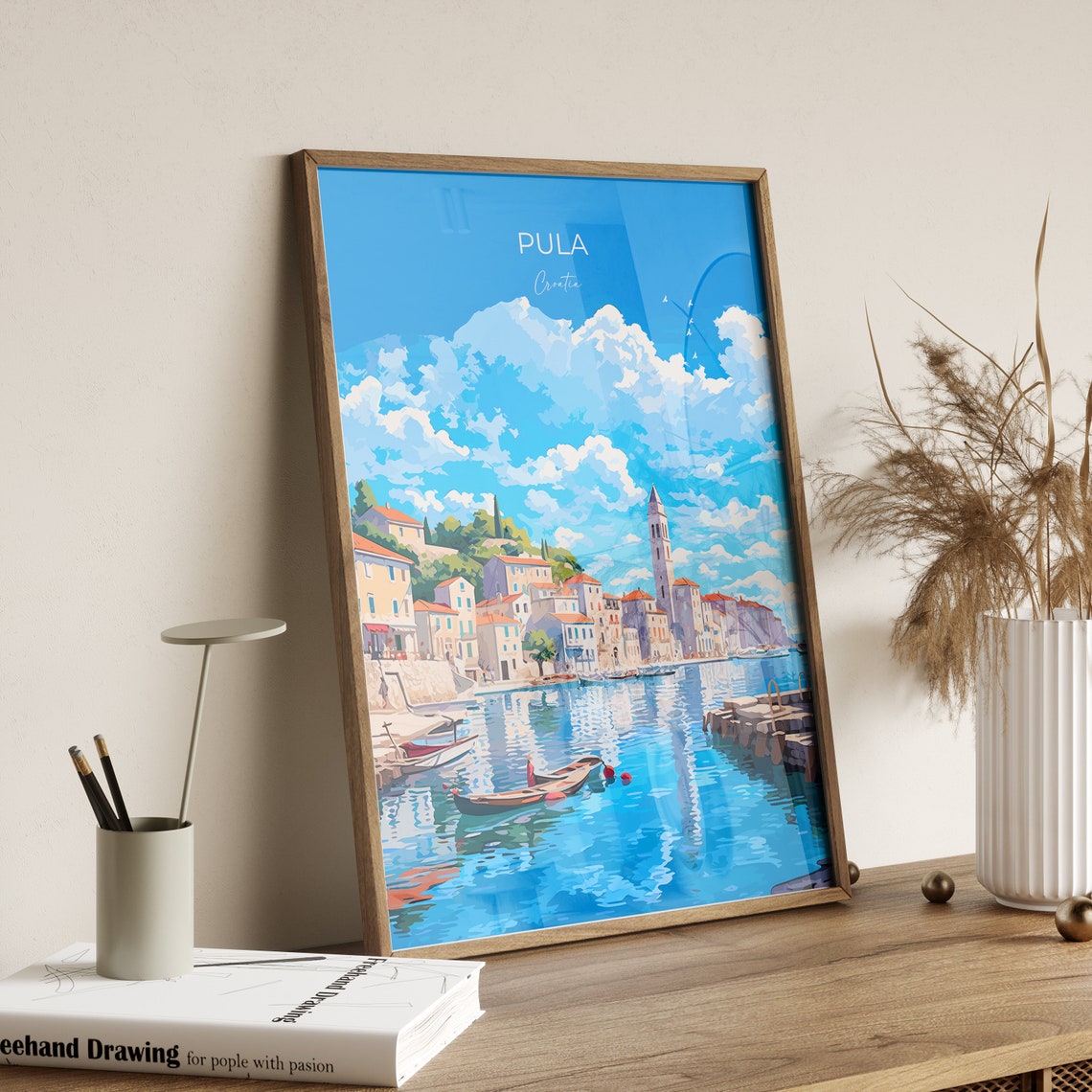 Pula Croatia Waterfront Bell Tower Boats Harbor View Art Poster - Image 2