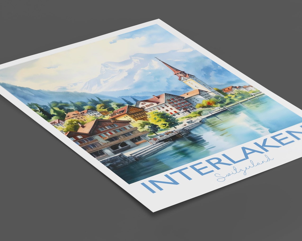 Interlaken Switzerland Alpine Lake Village Church Spire Poster - Image 2