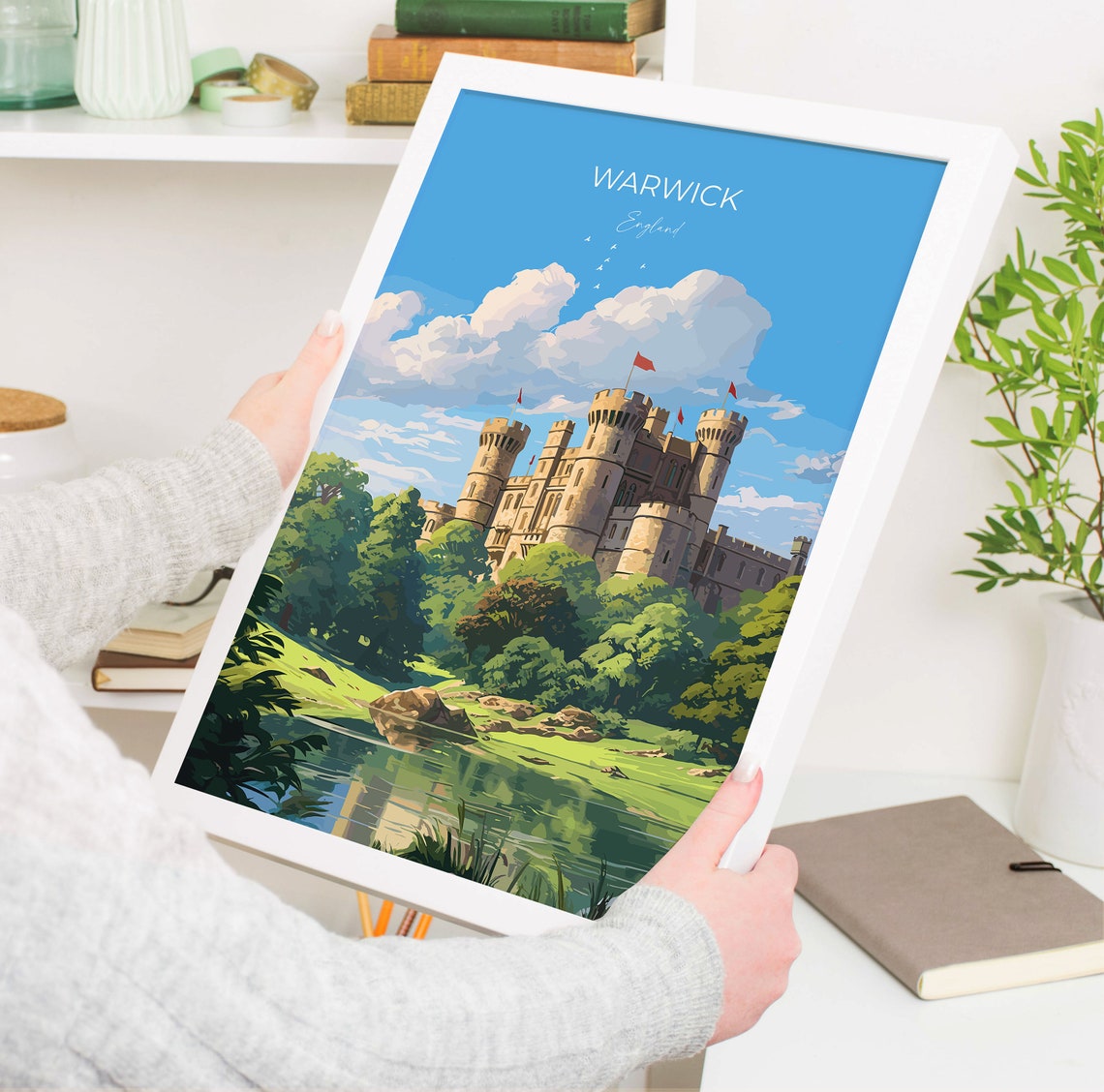 Warwick England Castle Towers Riverside Green Trees Travel Poster - Image 5