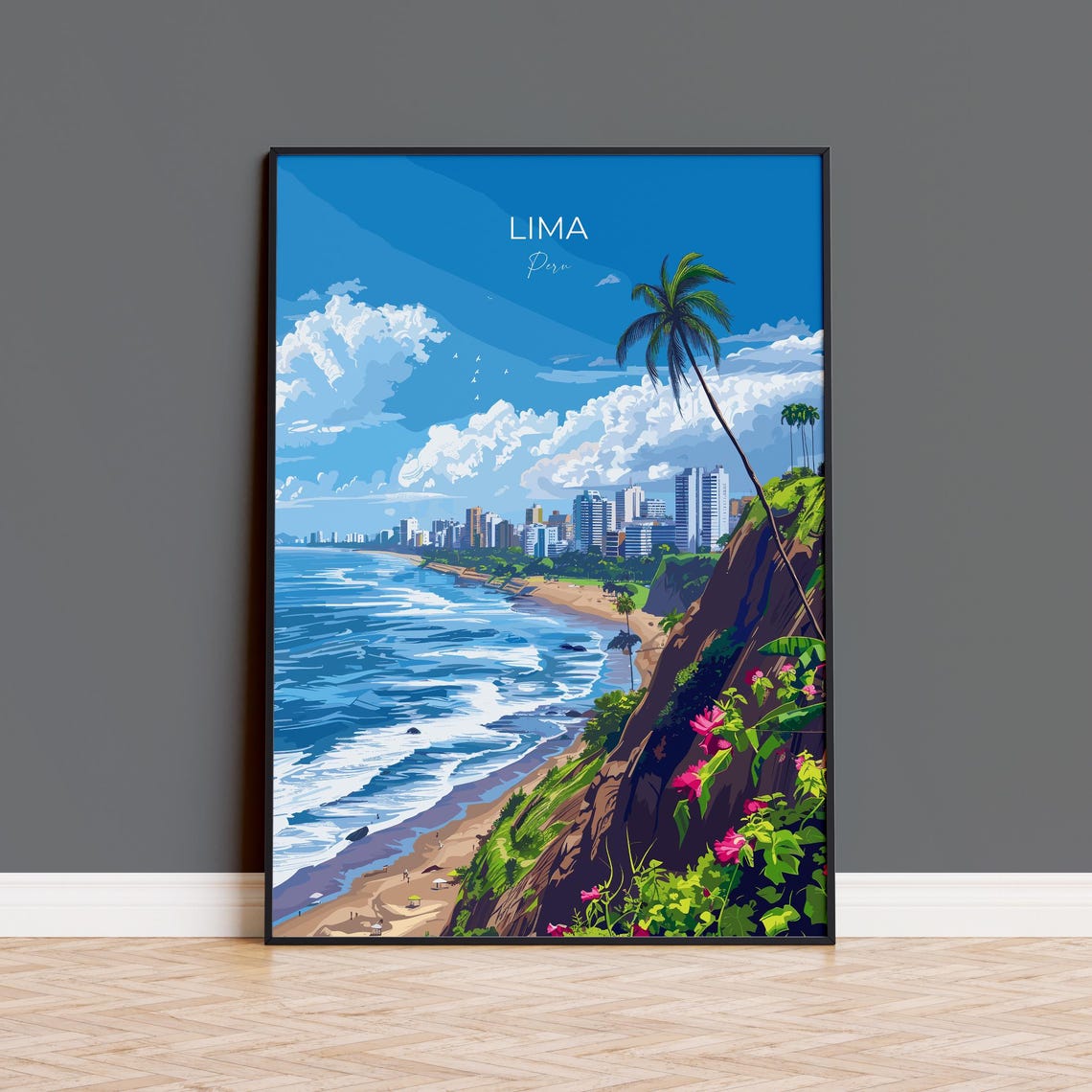 Lima Peru Miraflores Coastline Cliffs Pacific Ocean View Travel Poster