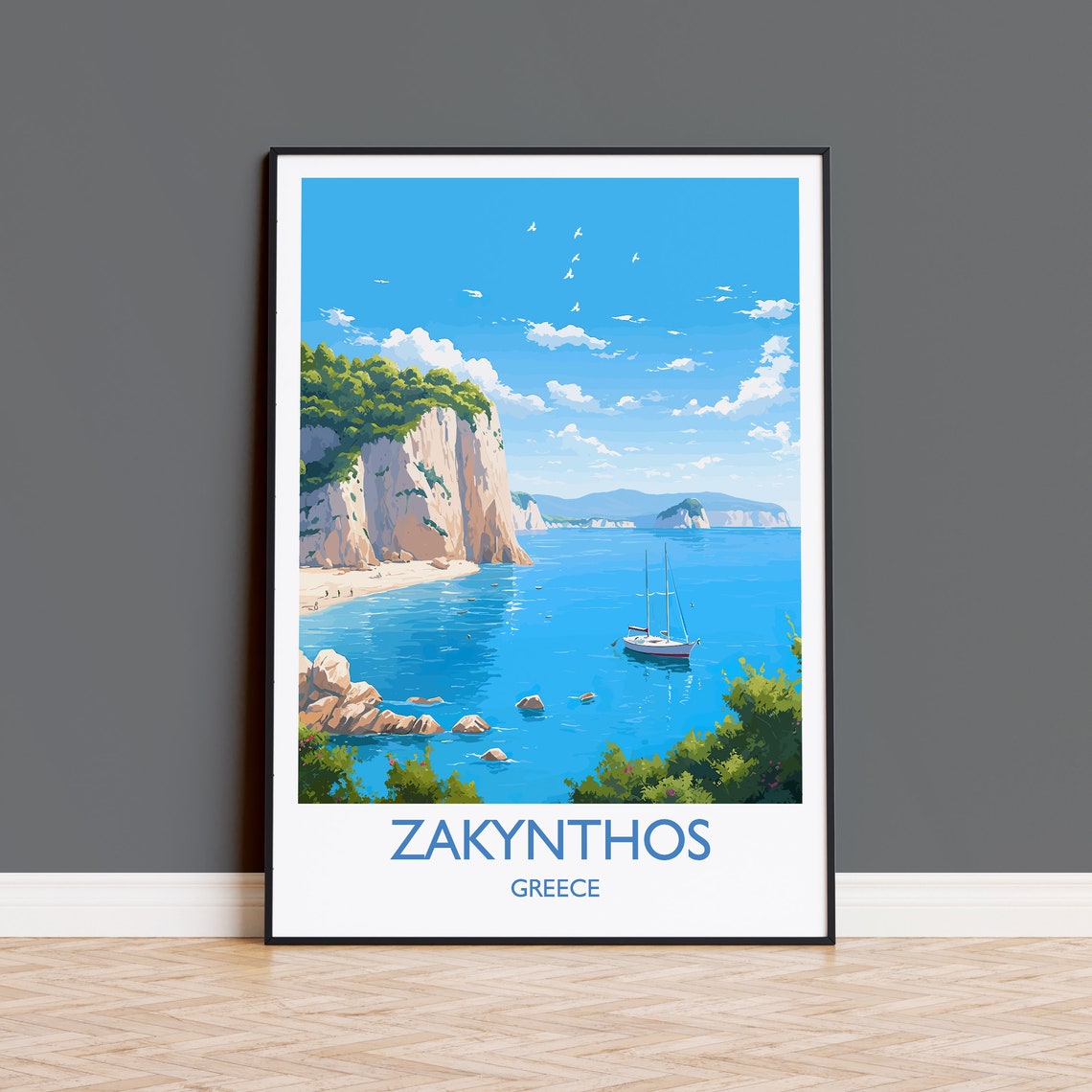 Zakynthos Greece Turquoise Bay Cliffs Sailboat Island Travel Poster