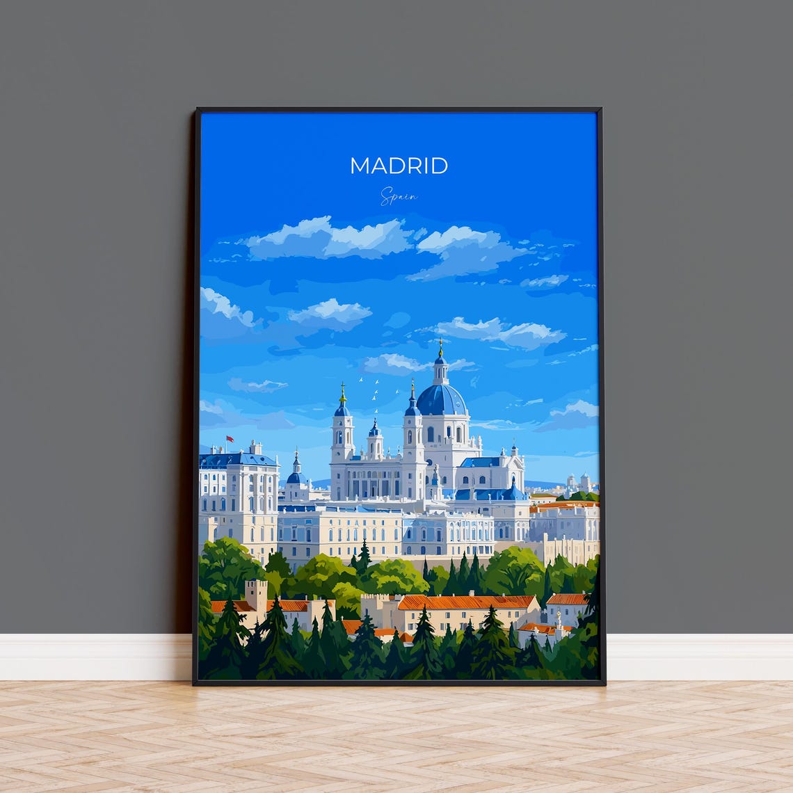 Madrid Royal Palace Cathedral Summer Sky Top Lettering Poster