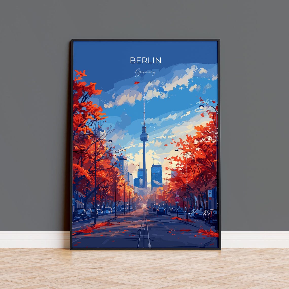 Berlin Germany TV Tower Autumn Red Tree Boulevard View Poster