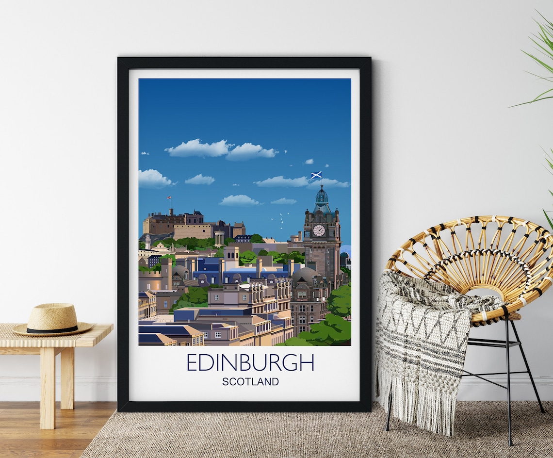 Edinburgh Cityscape Travel Poster, Scotland Travel Art