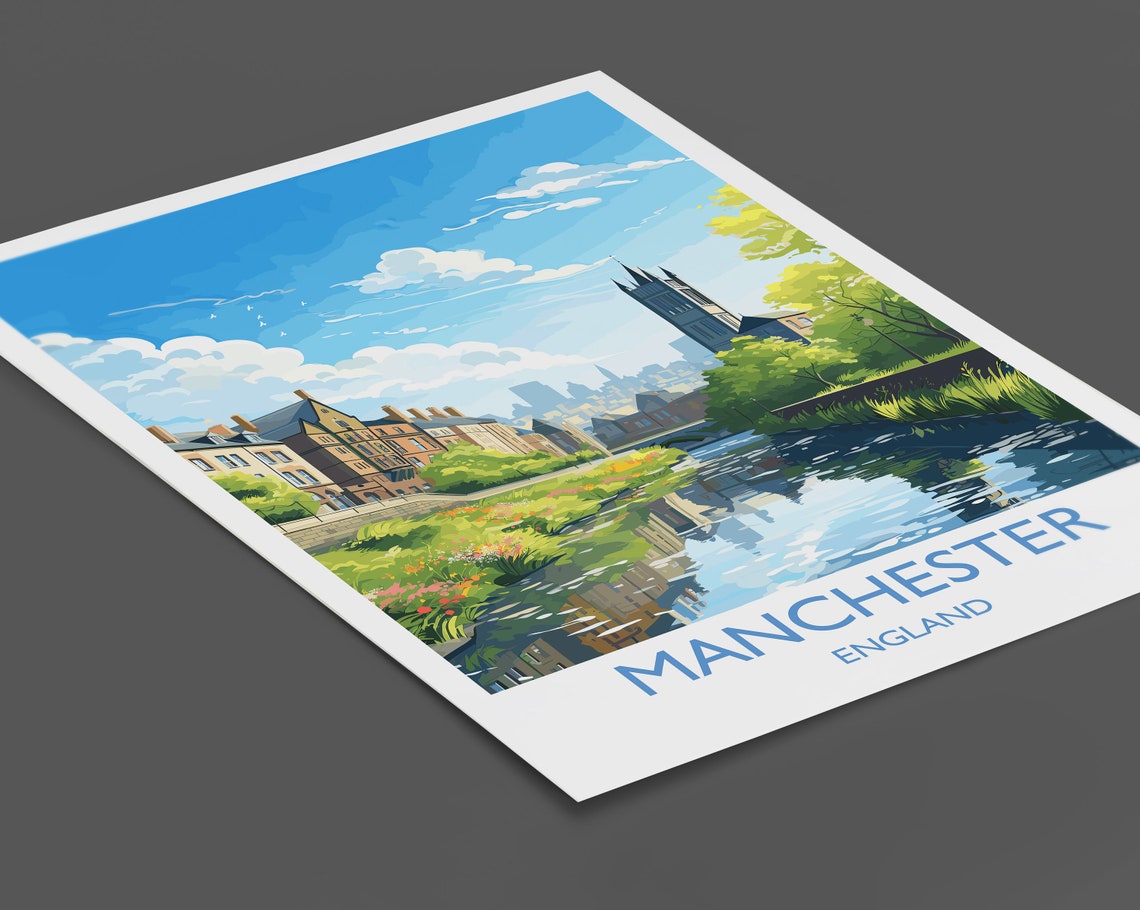 Manchester England Canal Waterside Skyline Landmark Art Poster - Image 2