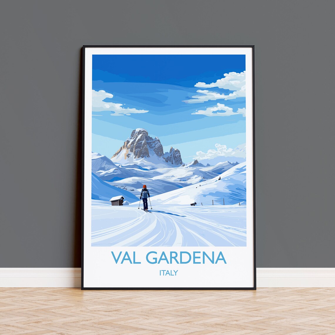 Val Gardena Italy Ski Resort Dolomite Peaks Snowy Trail Poster