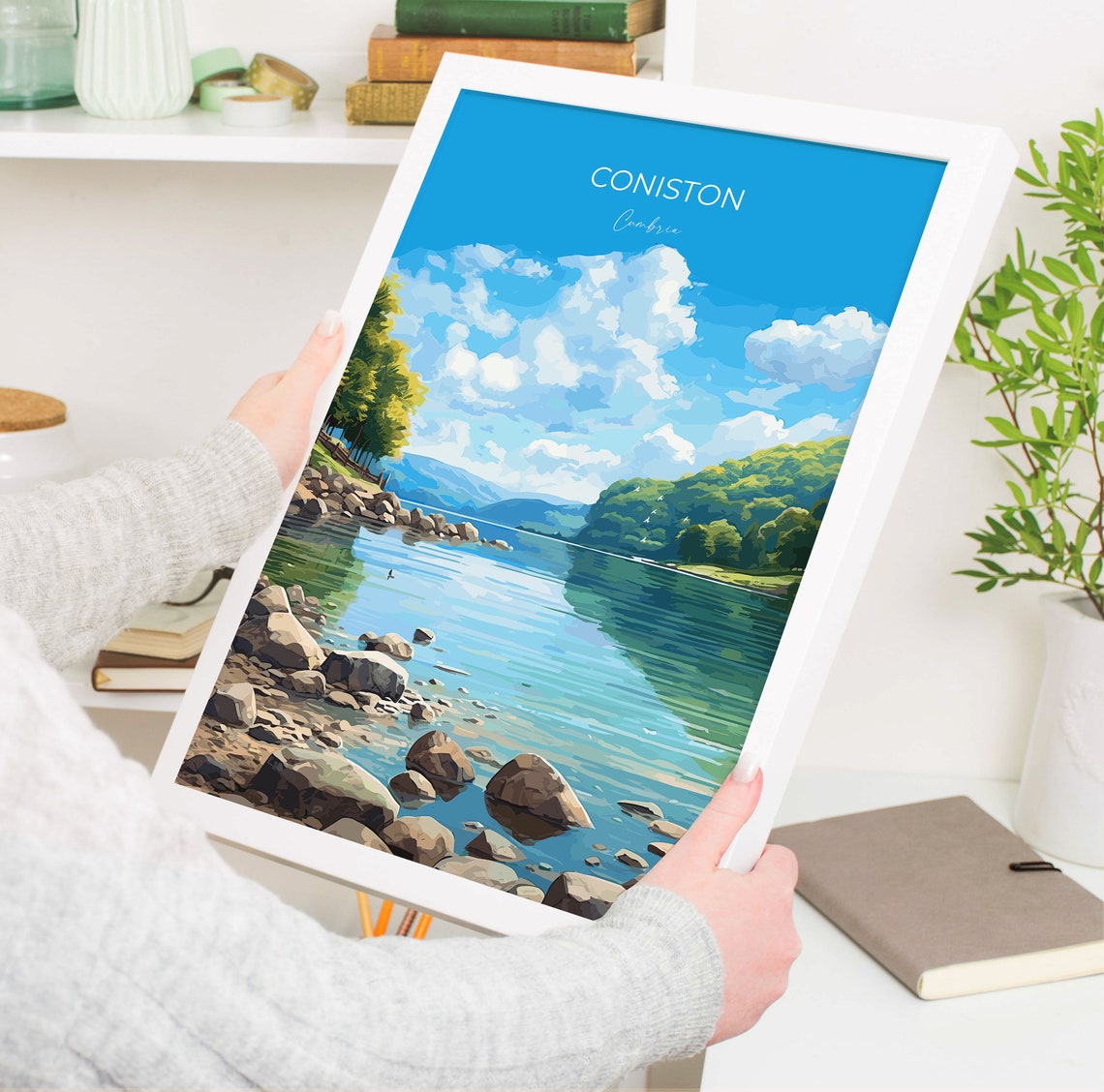 Coniston Cumbria Peaceful Lake Rocky Shore Green Hills Travel Poster - Image 5