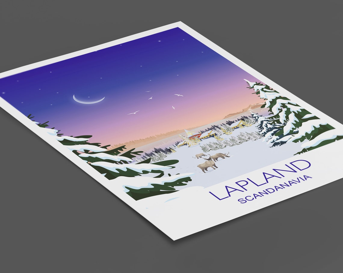 Lapland Scandinavia Reindeer Winter Night Village Scene Poster Art - Image 2