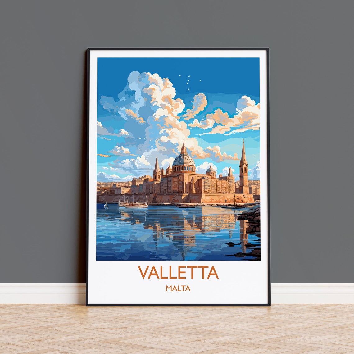 Valletta Malta Harbour Basilica Dome Waterfront Travel Poster