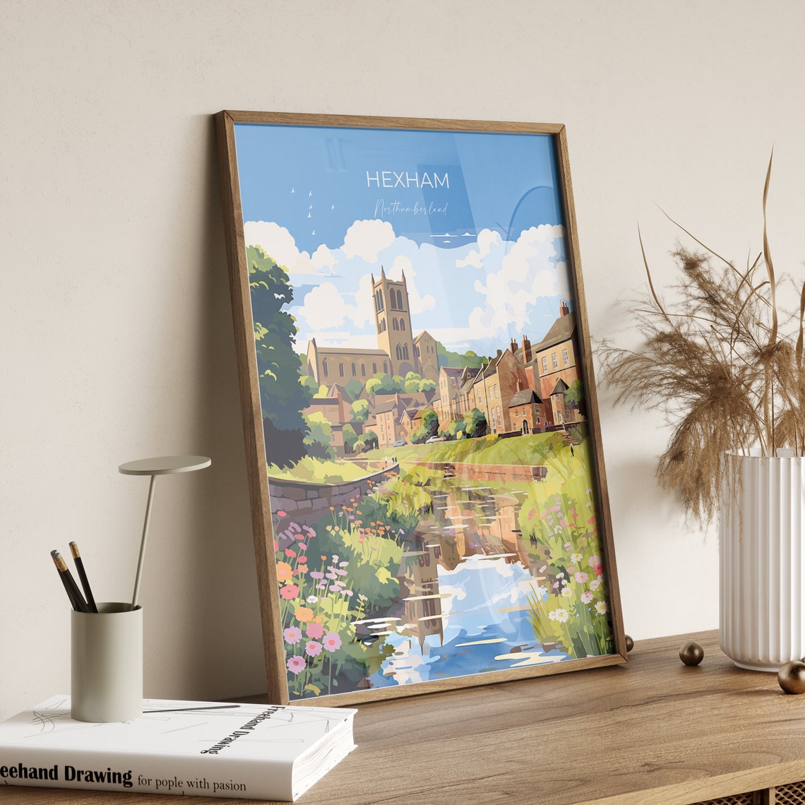 Hexham Northumberland Abbey Riverside Wildflowers Artwork Poster - Image 2