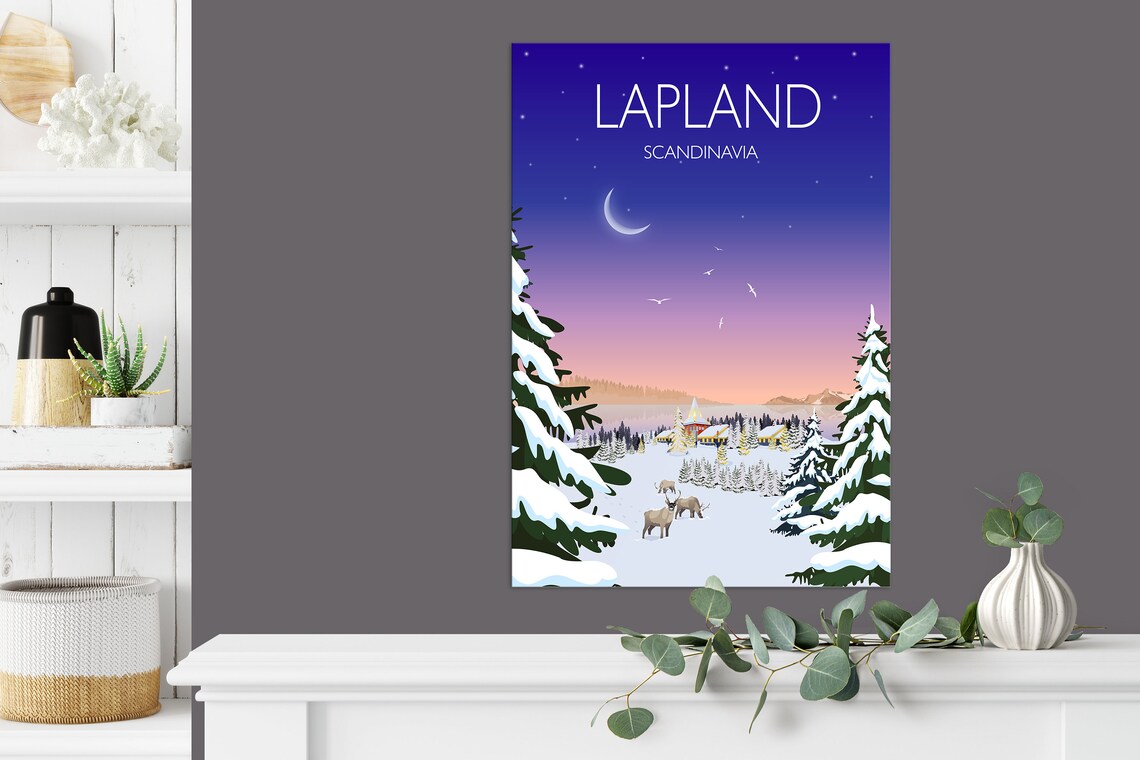 Lapland Scandinavia Snowy Village Reindeer Moonlight Art Poster - Image 3