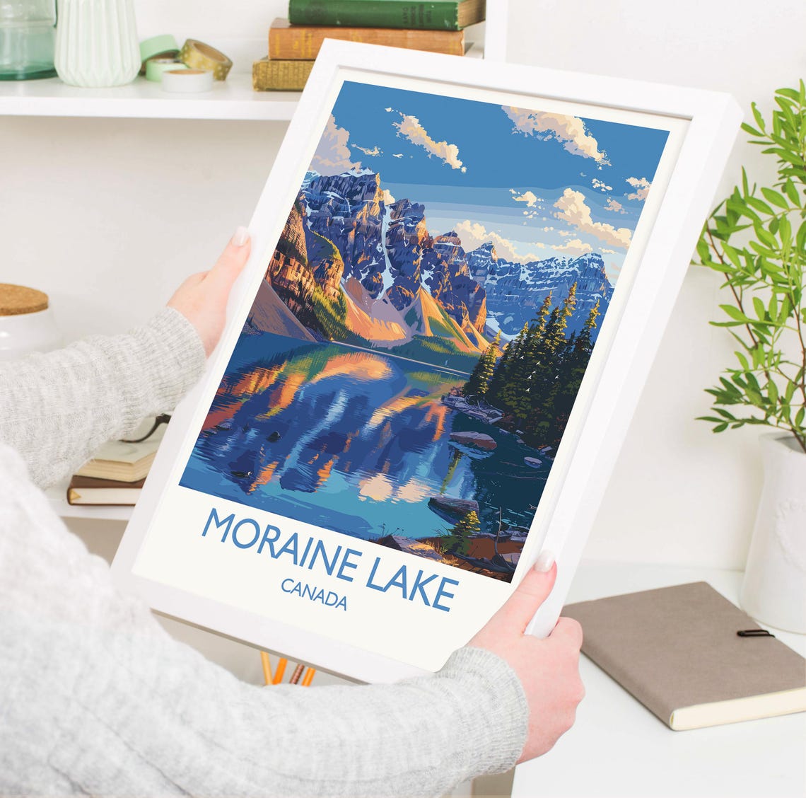 Moraine Lake Canada Sunset Alpenglow Reflection White Border Poster - Image 3