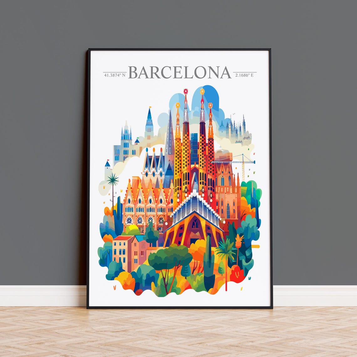 Barcelona Spain Sagrada Familia in a Vibrant Colorful Cityscape Poster