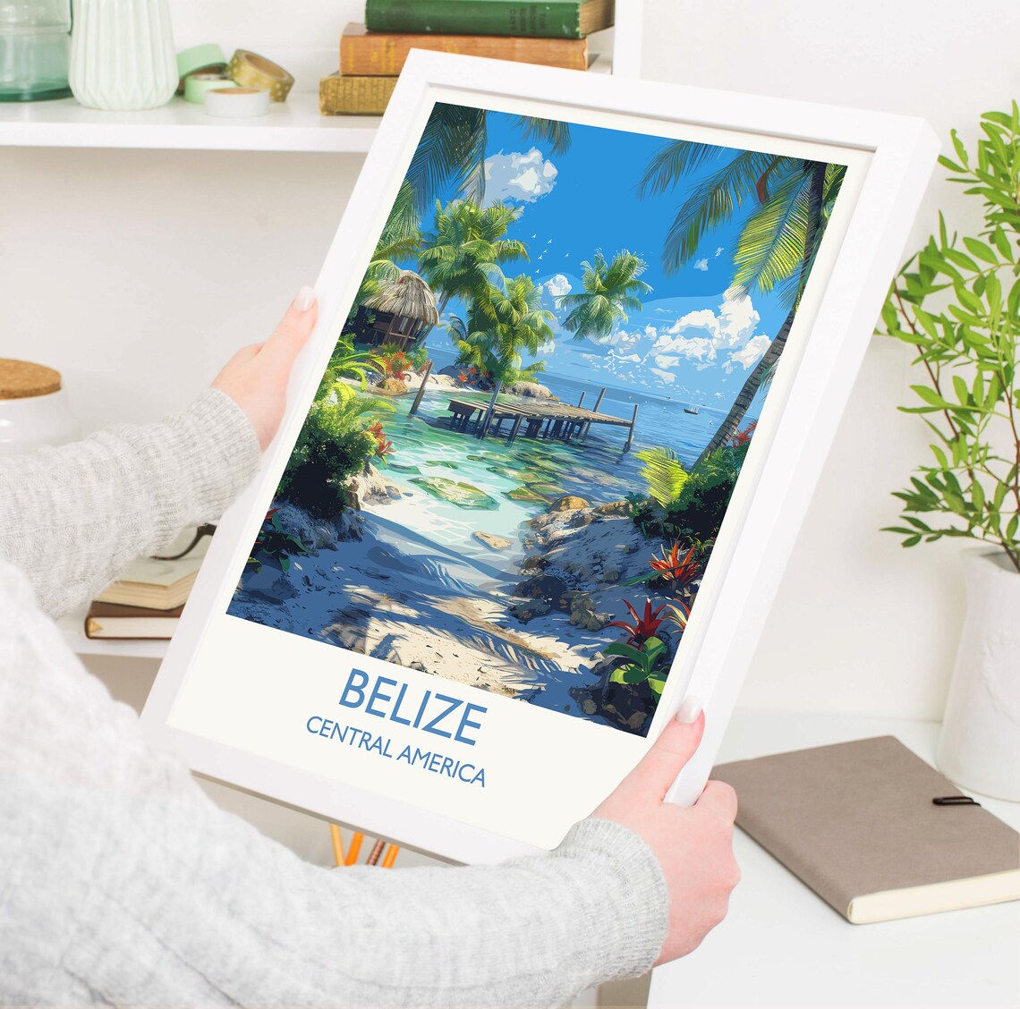 Belize Beach Cove Thatched Hut Wooden Jetty Travel Poster With Title Below - Image 3