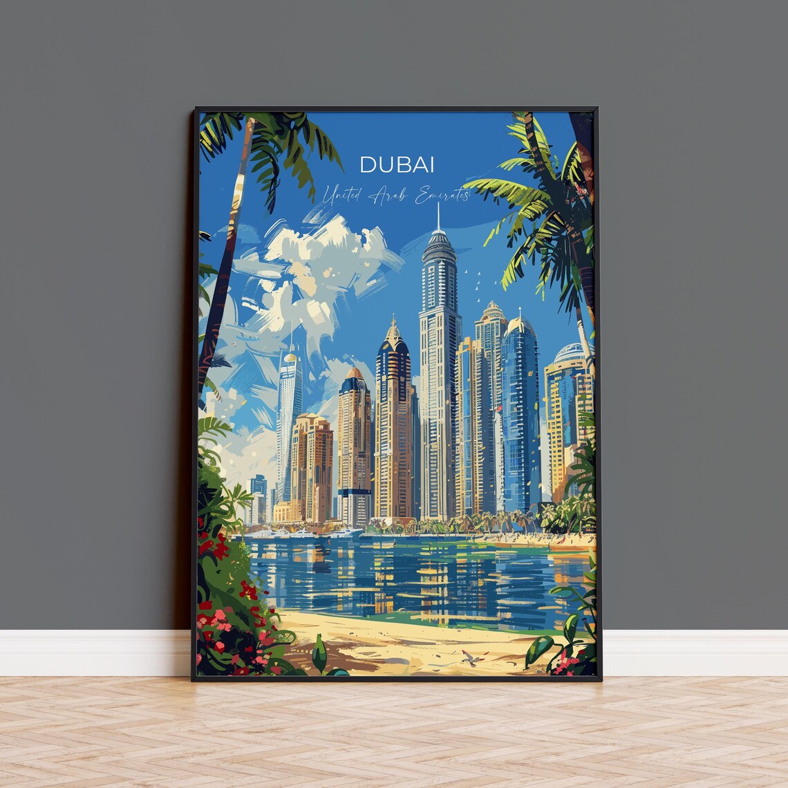 Dubai Marina Glass Towers Beachfront Palm View Travel Poster