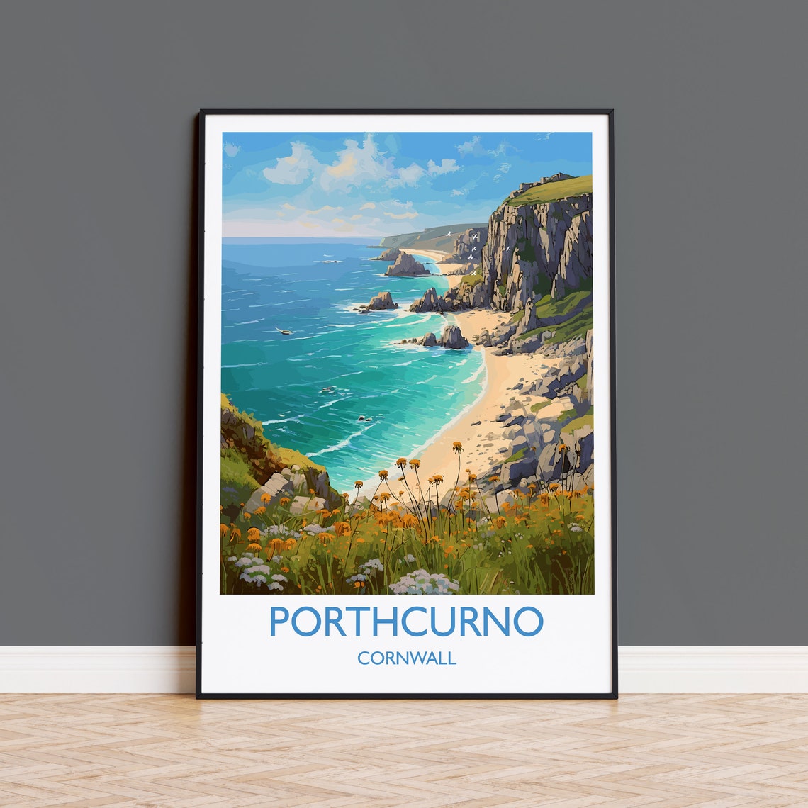 Porthcurno Cornwall England Cliff Beach Wildflower Art Poster