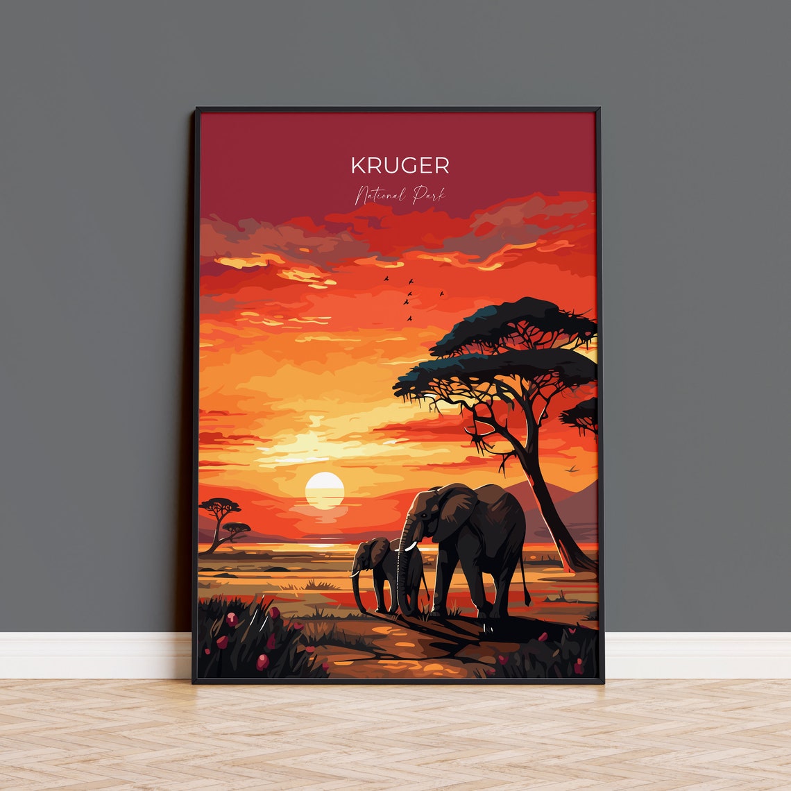Kruger National Park Sunset Elephants Acacia Silhouette Safari Poster