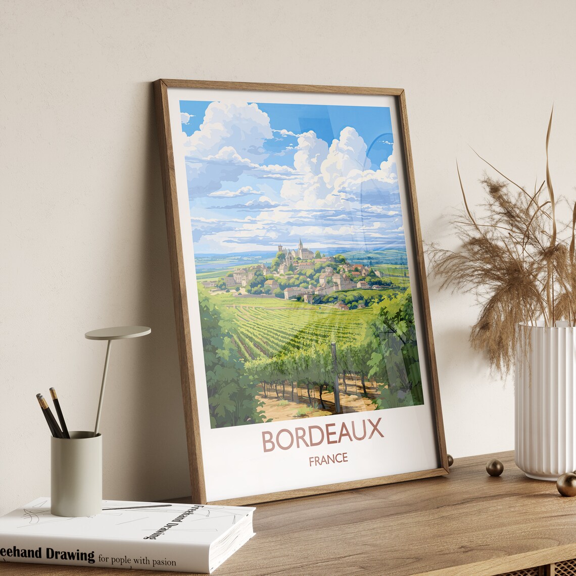Bordeaux France Rolling Vineyards Hilltop Old Town Travel Poster - Image 3