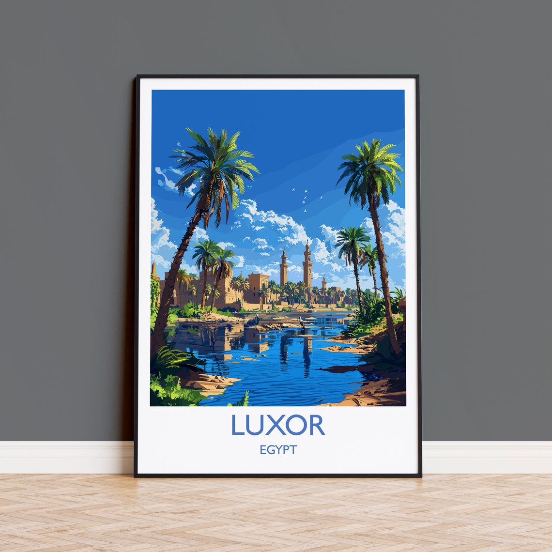 Elegant Luxor Egypt Nile River Palms Bottom Text Travel Poster