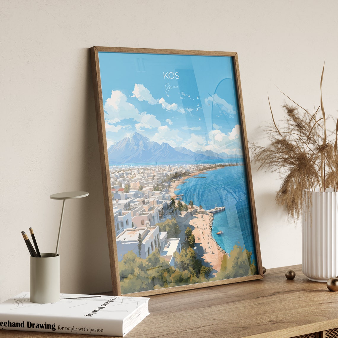 Kos Greece Whitewashed Town Beach Mountain View Travel Poster - Image 2