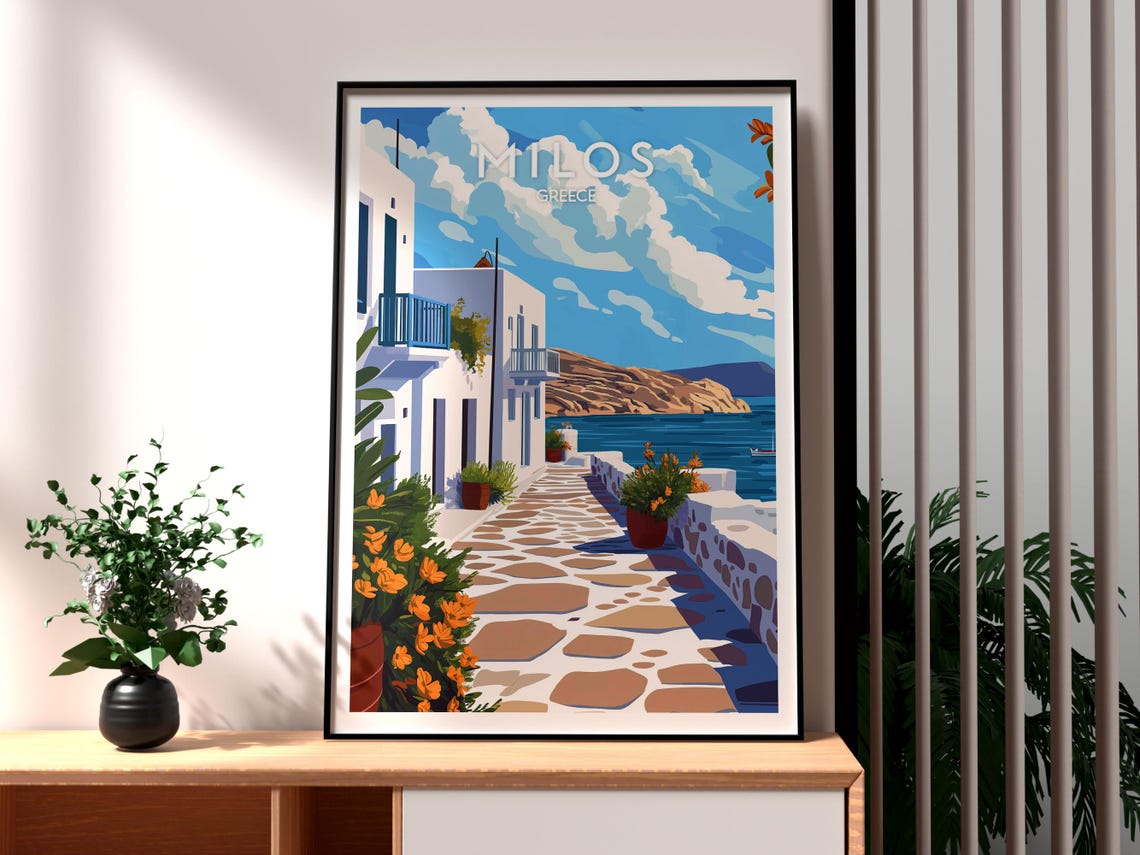 Milos Greece Cycladic Whitewashed Alley Aegean Sea View Travel Poster