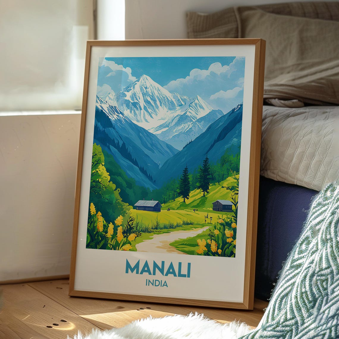 Manali India Himalayan Valley Cabin Meadows Snow Peak Travel Poster - Image 3