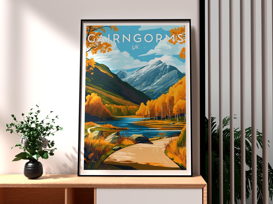 Cairngorms Scotland Autumn Mountain Lake Landscape Travel Poster