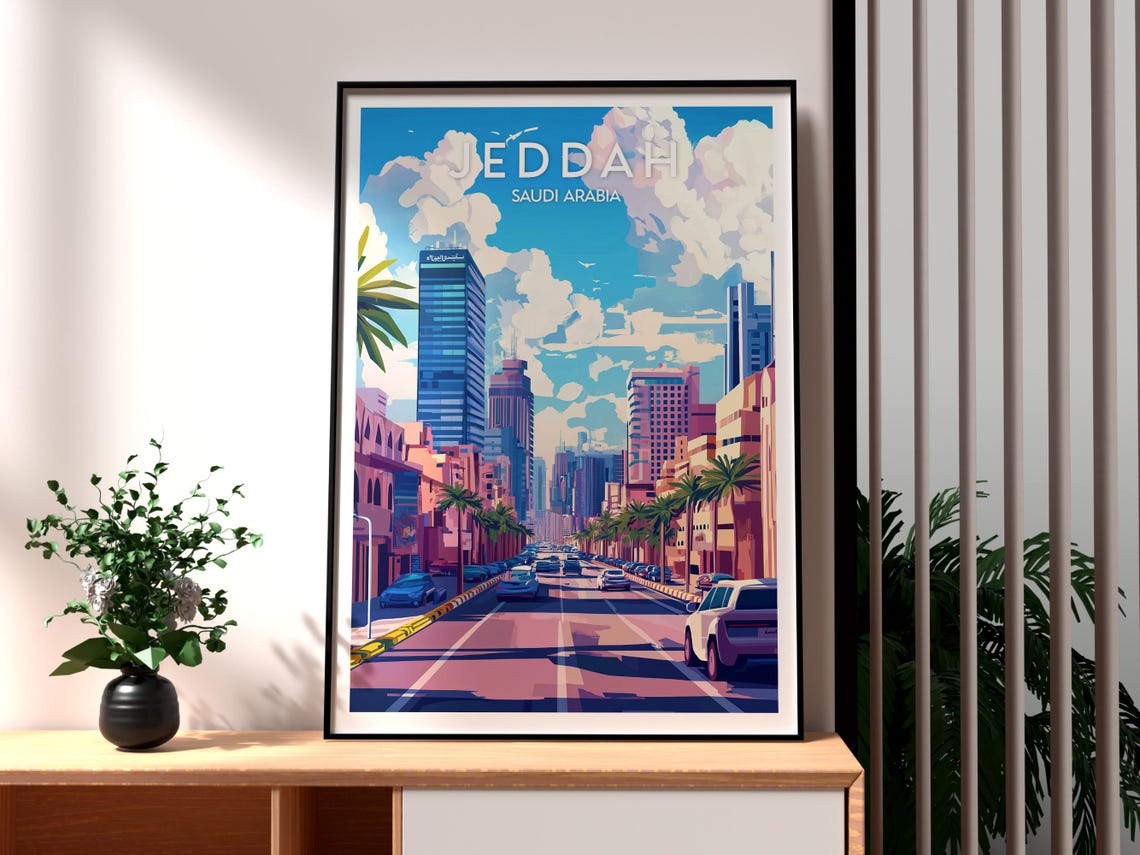 Jeddah Saudi Arabia Vibrant City Street Palm Trees Skyline Poster