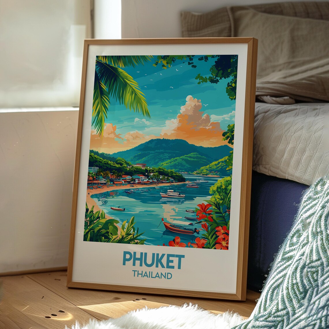 Phuket Thailand Tropical Bay Longtail Boats Vintage Travel Poster - Image 3