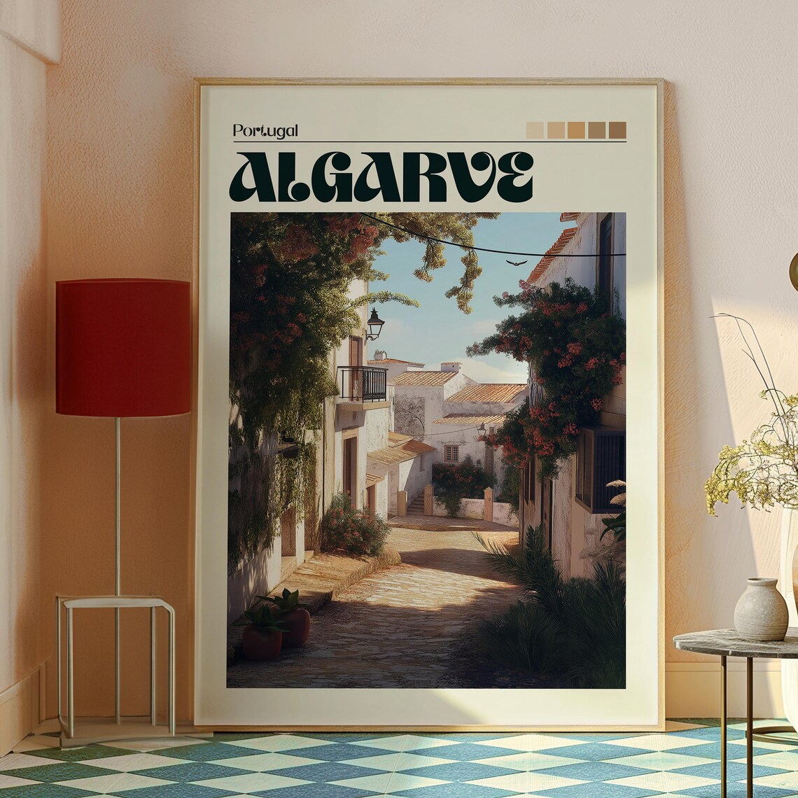Algarve Portugal Cobblestone Village Street Sunlit Travel Art Poster - Image 2