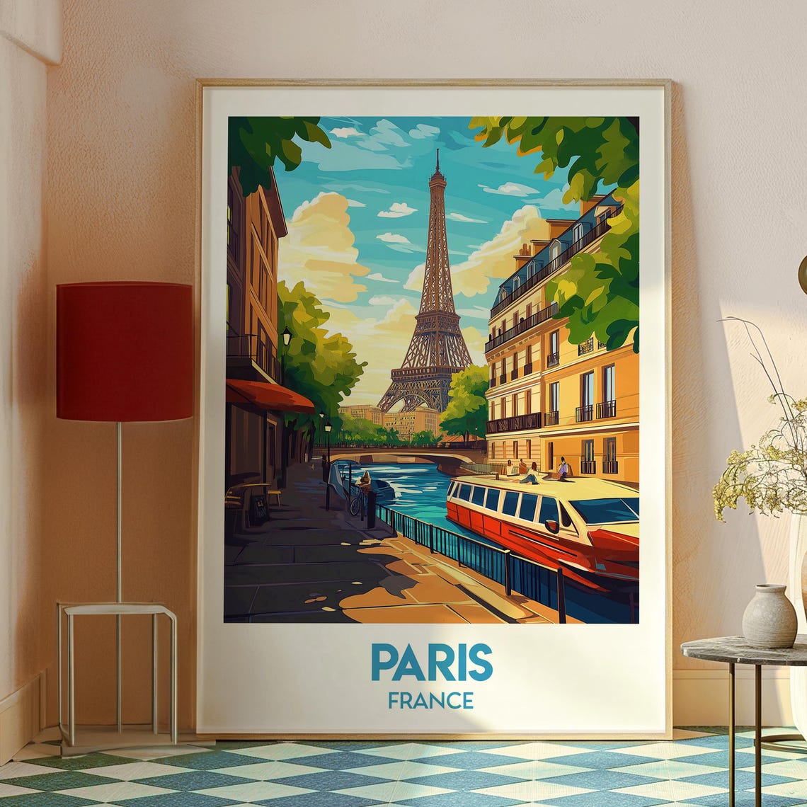 Paris France Eiffel Tower Canal Boat Street Scene Art Poster - Image 2
