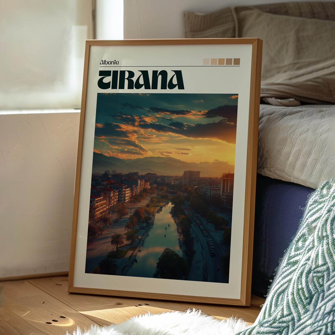 Tirana Albania City Sunset River Boulevard Mountain Travel Poster - Image 3