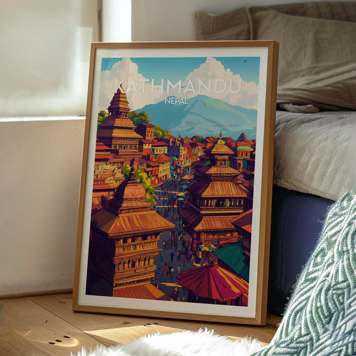 Kathmandu Nepal Durbar Square Pagoda Temples Busy Street Scene Poster