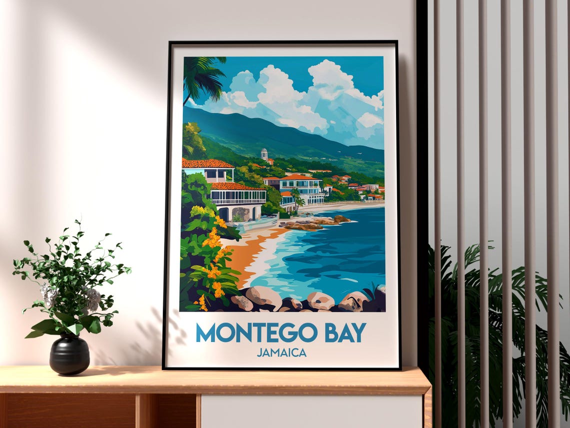 Montego Bay Jamaica Caribbean Beach Hills Sunset Travel Poster