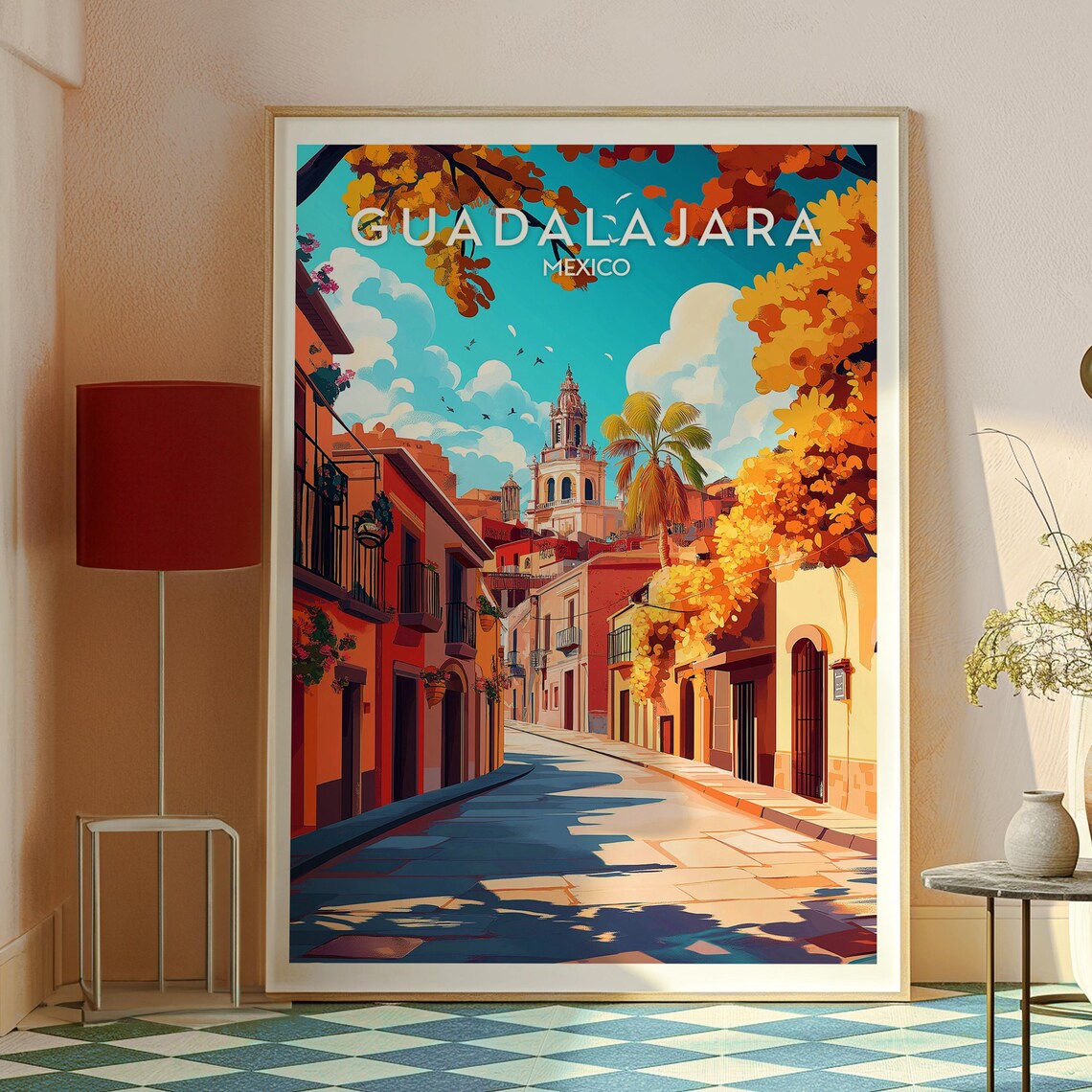 Guadalajara Mexico Colonial Street Church Tower Travel Poster - Image 2