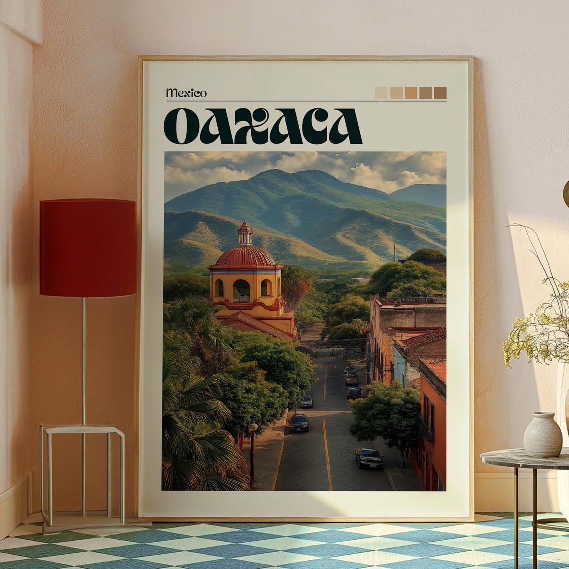 Oaxaca Mexico Colonial Church Red Dome Mountain View Travel Poster - Image 2