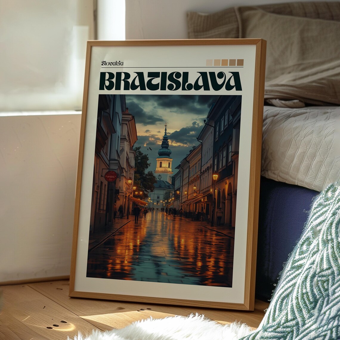 Bratislava Slovakia Rainy Night Old Town Street Lamp Reflections Poster - Image 3