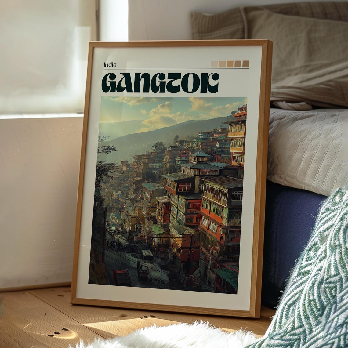 Gangtok India Hillside City Golden Hour Stacked Homes Poster - Image 3