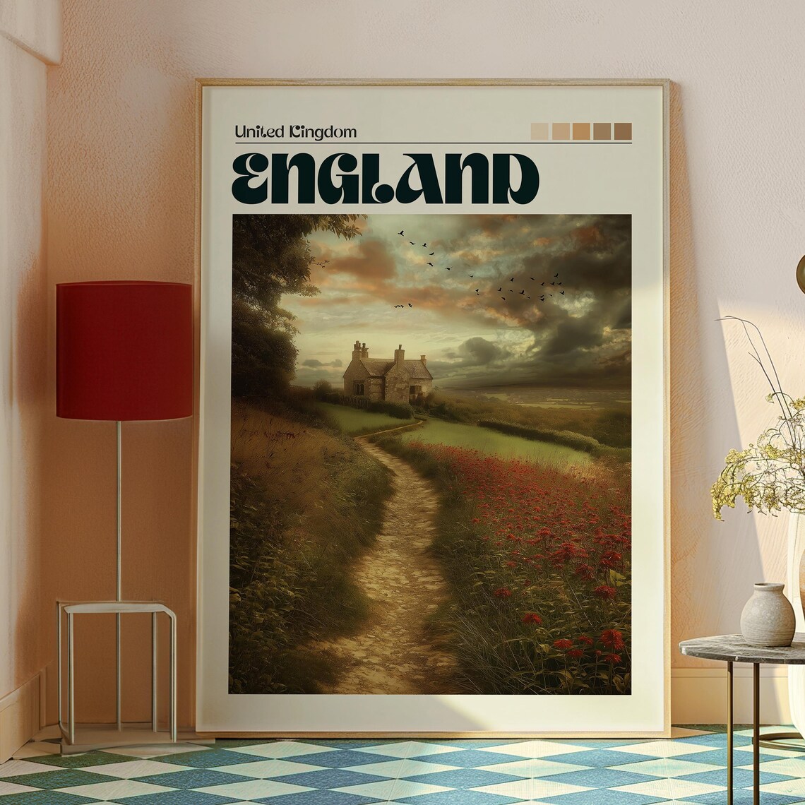 England United Kingdom Country Cottage Poppy Field Sunset Poster - Image 2