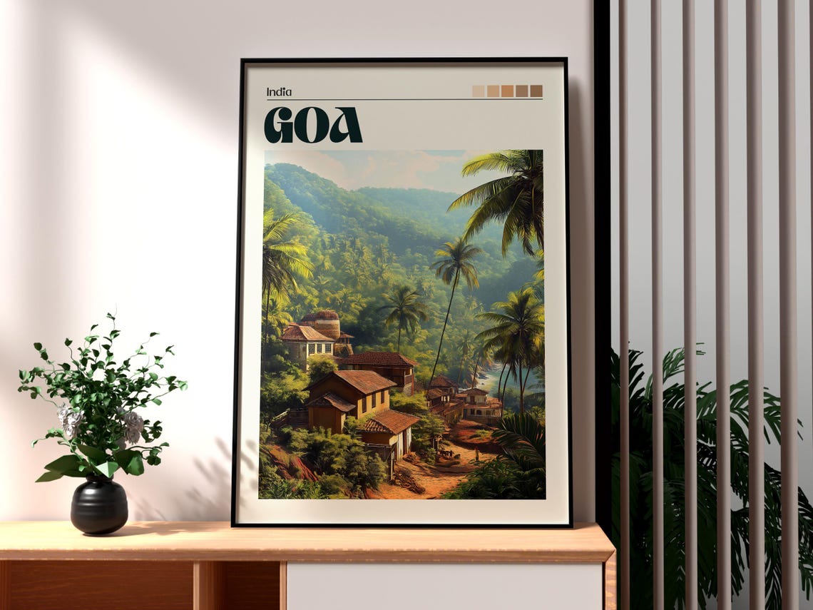 Goa India Tropical Hill Village Palms Red Roofs Travel Poster