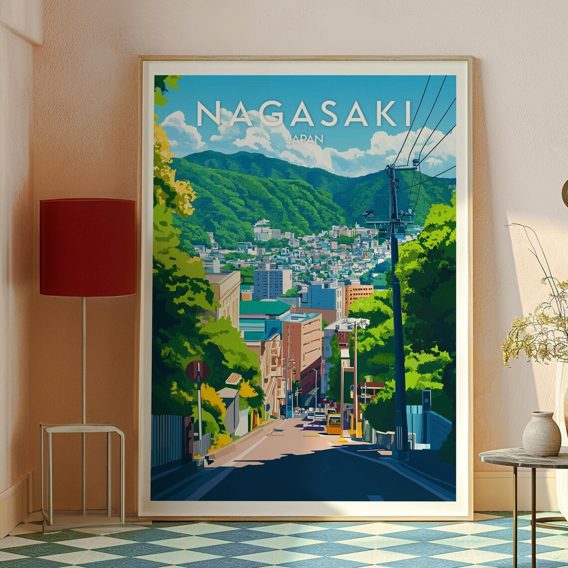 Nagasaki Japan Steep Street Green Hills Port City Travel Poster - Image 2