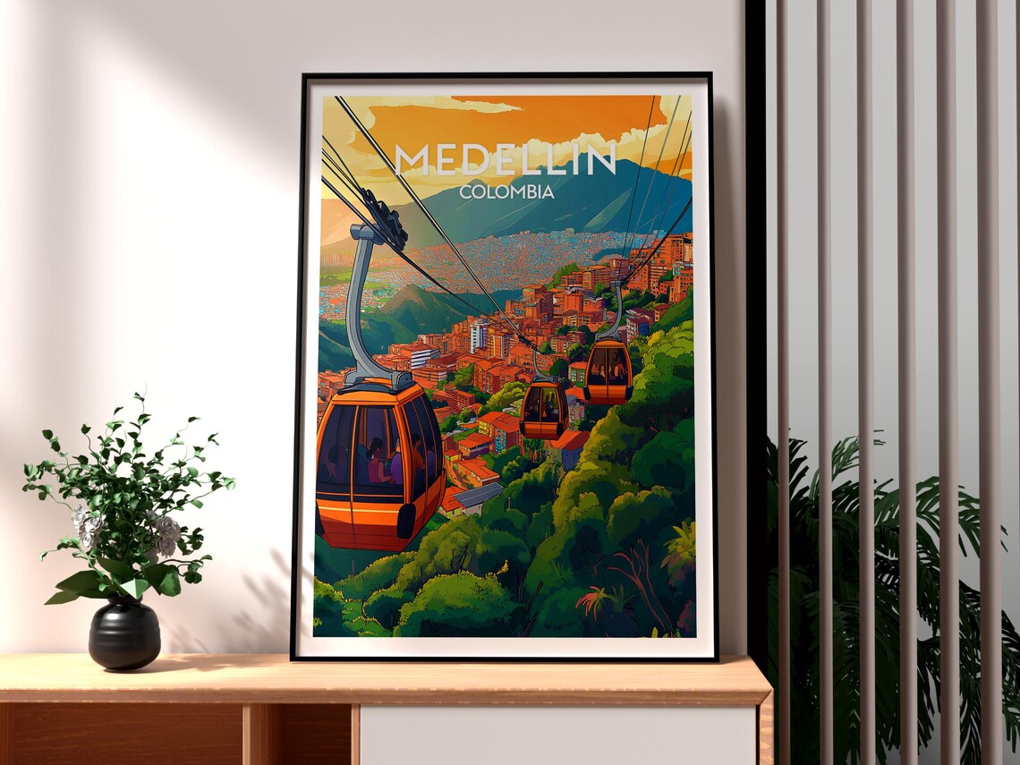 Medellin Colombia Cable Cars Hillside City Sunset View Poster